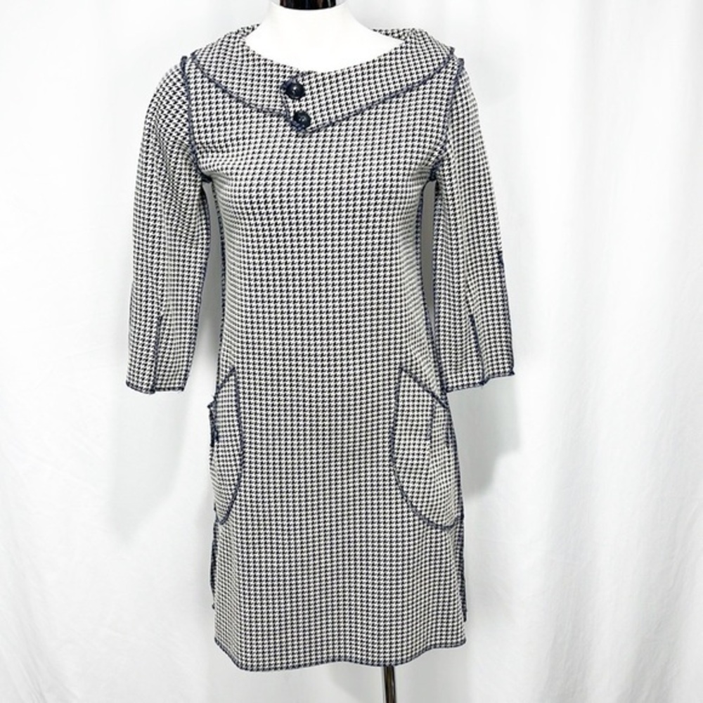 Beebop & Wally Vintage Houndstooth Ring Collar Shift‎ Dress Navy Blue & White XS